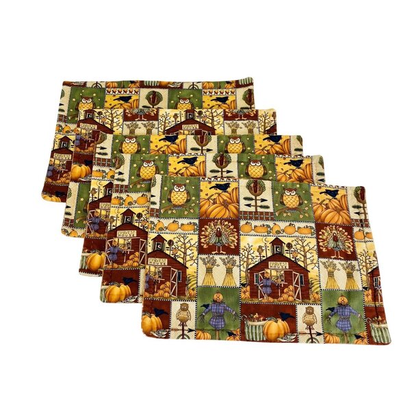 Set Of 4 Autumn Harvest Patchwork Placemats With Fall Motifs & Reversible Design - Picture 1 of 4